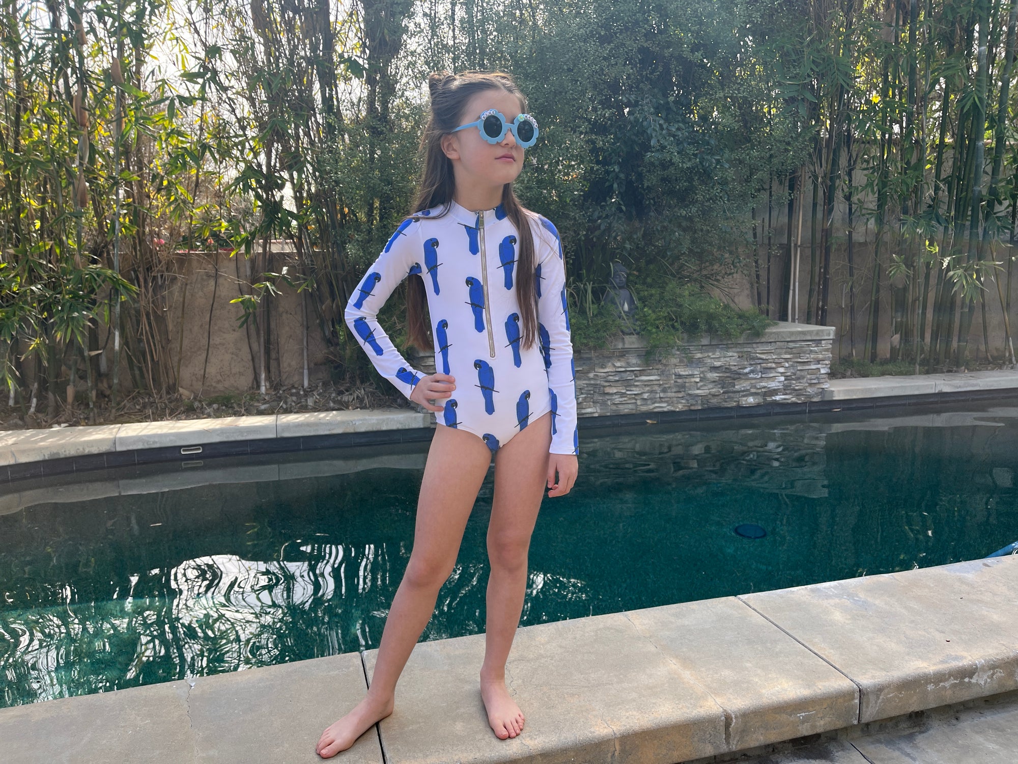 Girl's Sustainable Long Sleeve One-Piece Swimsuit Rash Guard | Blue Macaw | Jollin