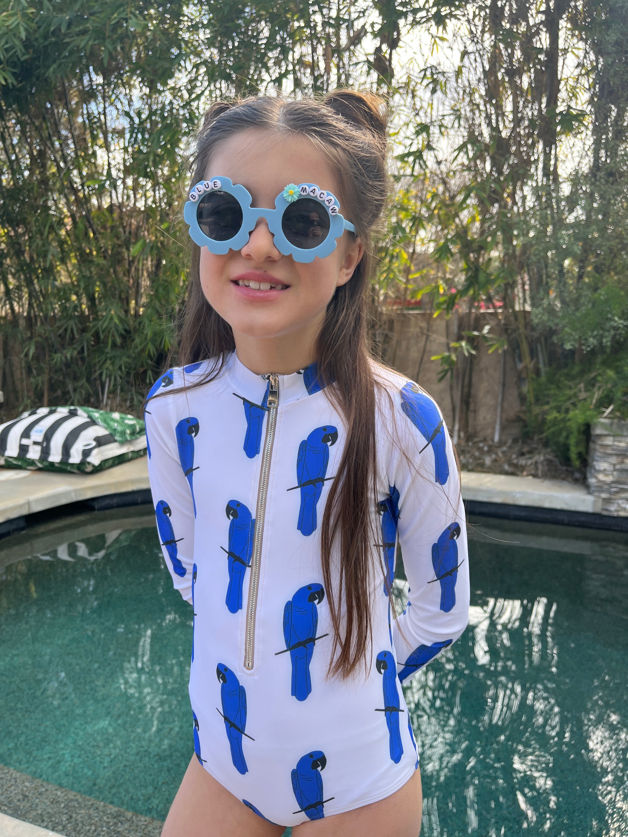 Girl's Sustainable Long Sleeve One-Piece Swimsuit Rash Guard | Blue Macaw | Jollin