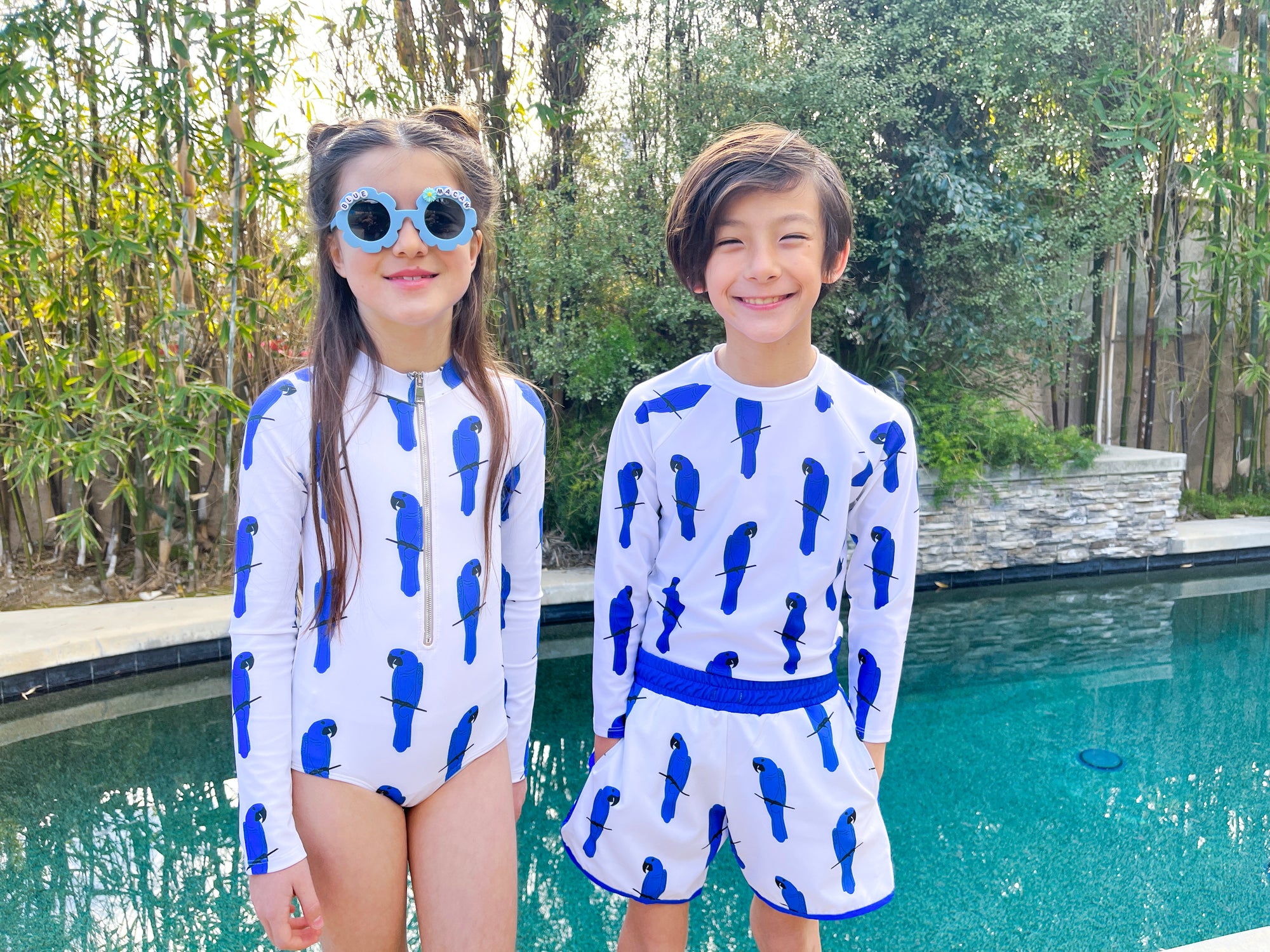 Kid's Sustainable Swim Board Shorts  Blue Macaw | Jollin