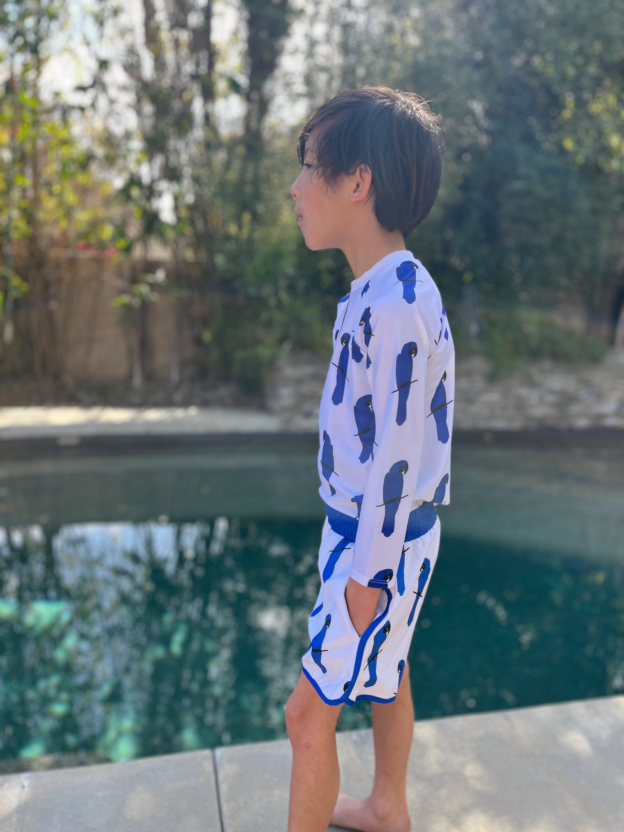 Kid's Sustainable Swim Rash Guard Unisex All Over Print Blue Macaw | Jollin
